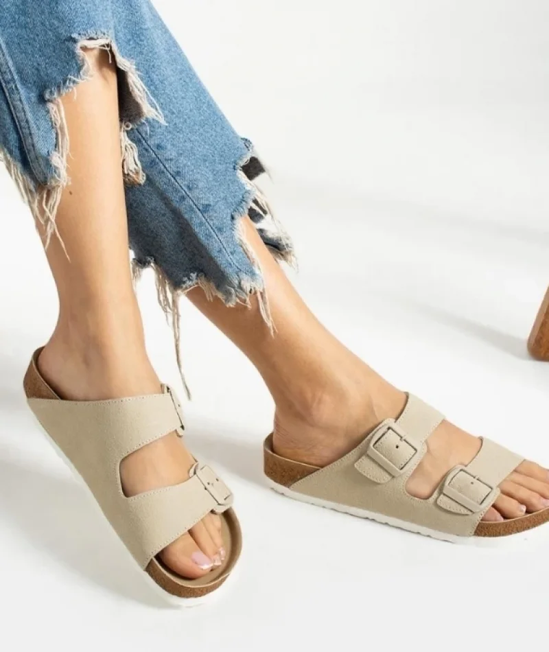 Terra Bej Deri Tozu Günlük Terlik - Dikişli, Ortopedik, Konforlu