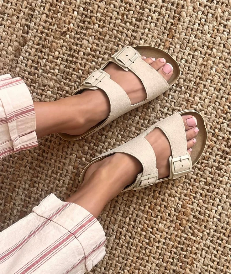 Terra Bej Deri Tozu Günlük Terlik - Dikişli, Ortopedik, Konforlu