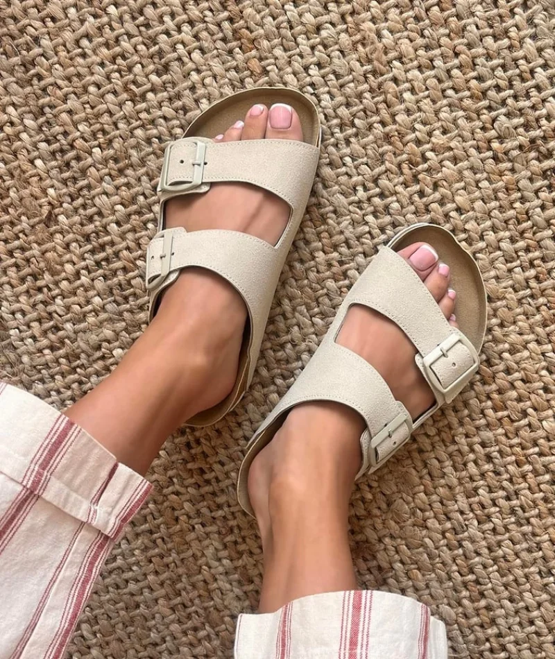 Terra Bej Deri Tozu Günlük Terlik - Dikişli, Ortopedik, Konforlu