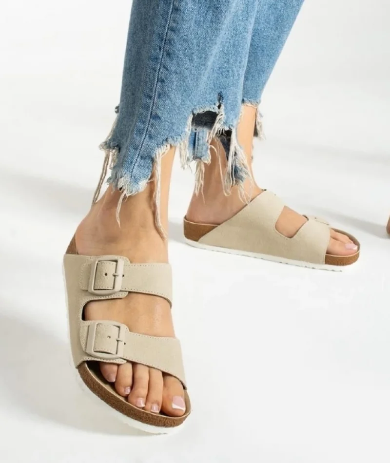 Terra Bej Deri Tozu Günlük Terlik - Dikişli, Ortopedik, Konforlu