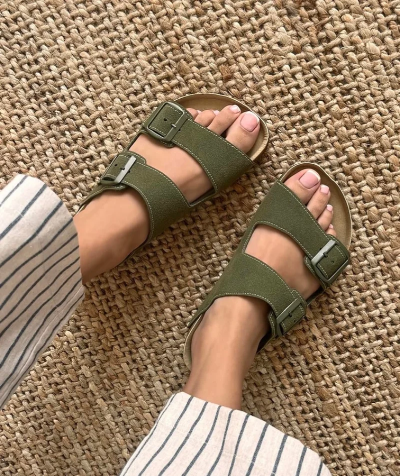 Terra Haki Deri Tozu Günlük Terlik - Dikişli, Ortopedik, Konforlu