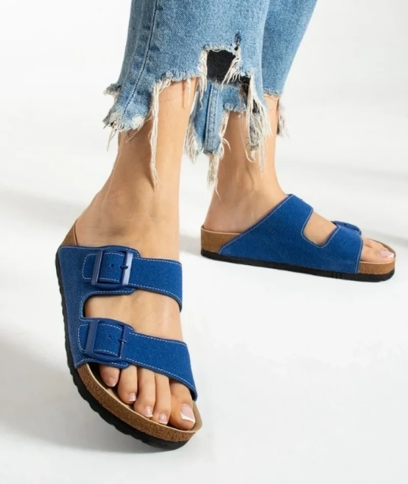 Terra Mavi Deri Tozu Günlük Terlik - Dikişli, Ortopedik, Konforlu