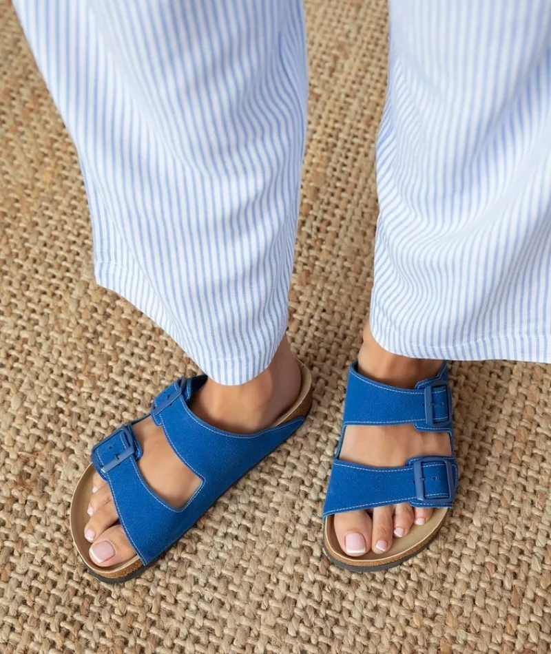 Terra Mavi Deri Tozu Günlük Terlik - Dikişli, Ortopedik, Konforlu