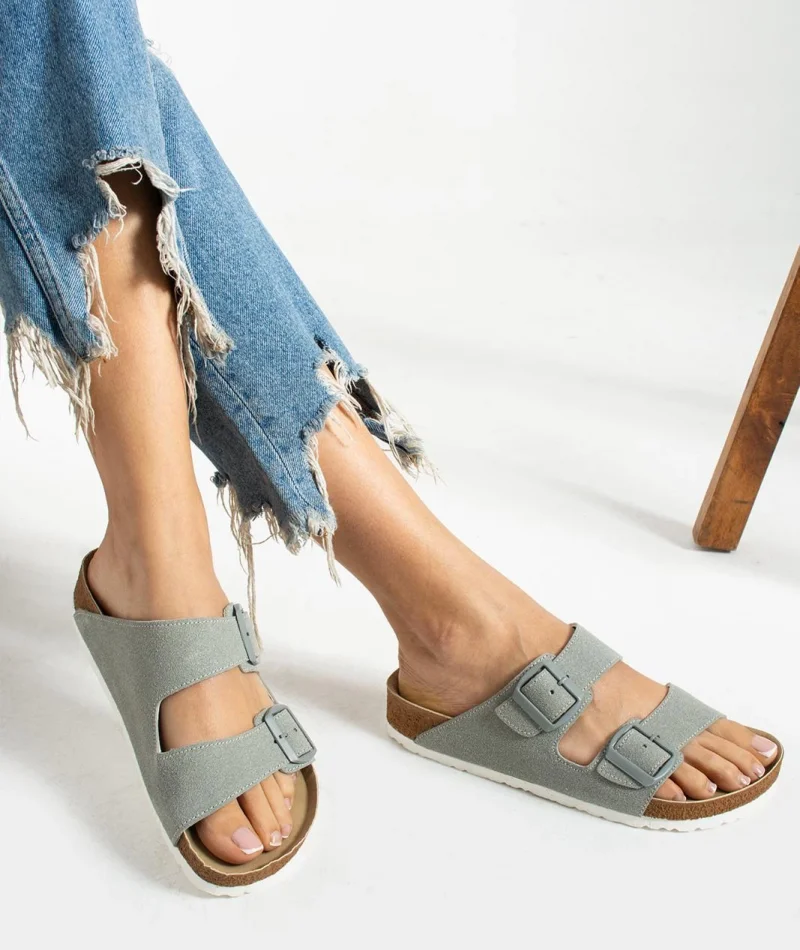 Terra Gri Deri Tozu Günlük Terlik - Dikişli, Ortopedik, Konforlu