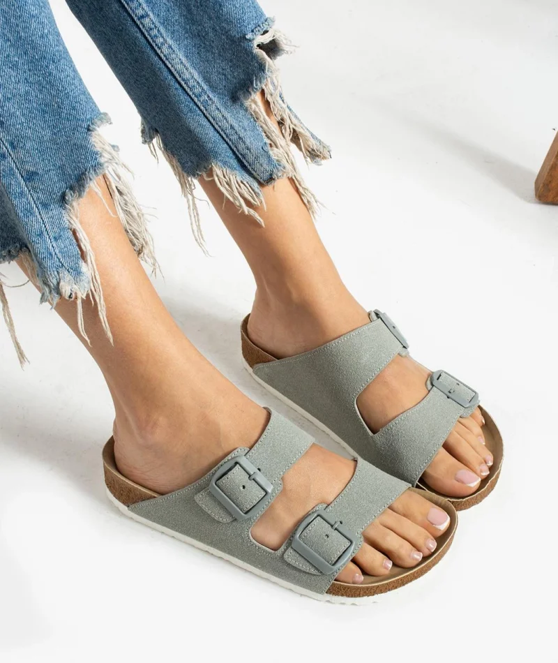 Terra Gri Deri Tozu Günlük Terlik - Dikişli, Ortopedik, Konforlu