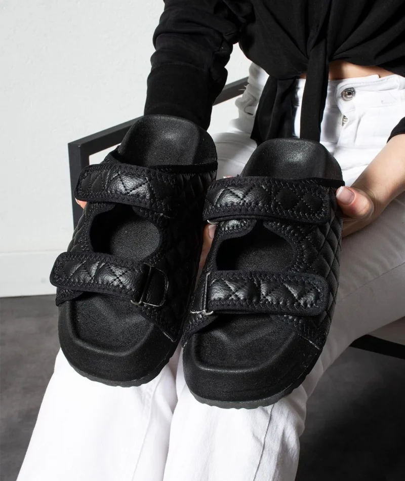 Quilted Velcro Womens Outdoor Slippers – Black