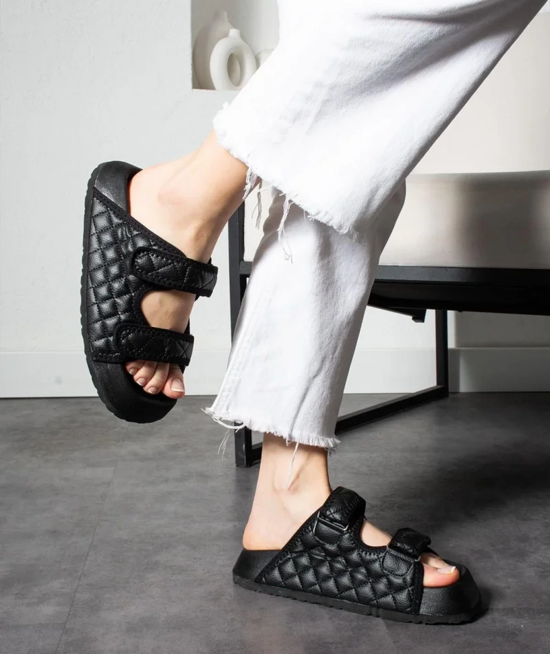 Quilted Velcro Womens Outdoor Slippers – Black