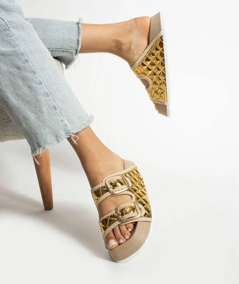 Kapitone Tokalı Ev Dış Mekan Kadın Terlik – Altın