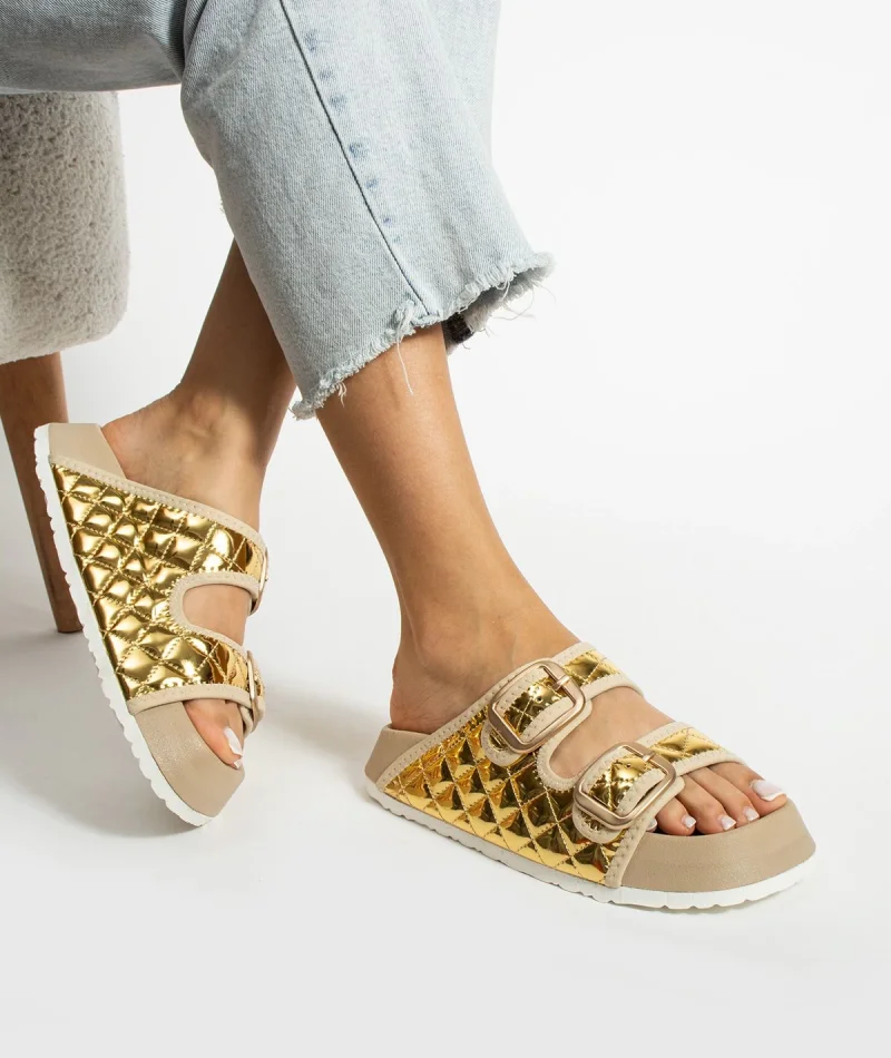 Kapitone Tokalı Ev Dış Mekan Kadın Terlik – Altın