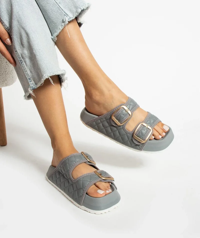 Kapitone Tokalı Ev Dış Mekan Kadın Terlik – Gri