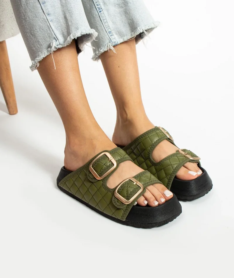 Kapitone Tokalı Ev Dış Mekan Kadın Terlik – Haki