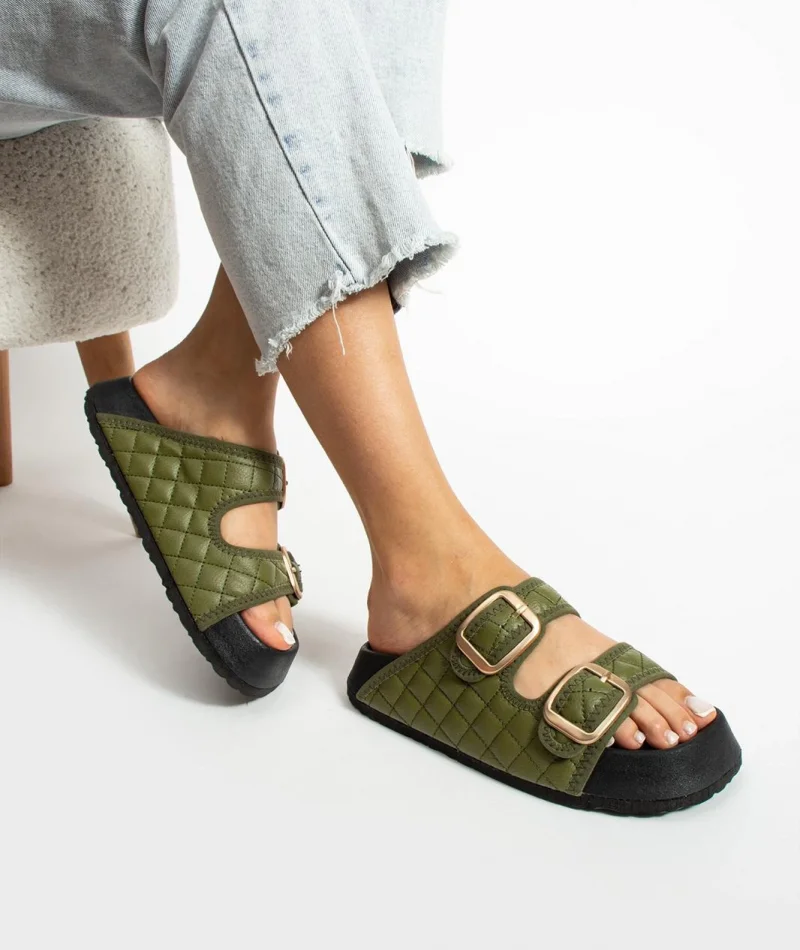 Kapitone Tokalı Ev Dış Mekan Kadın Terlik – Haki