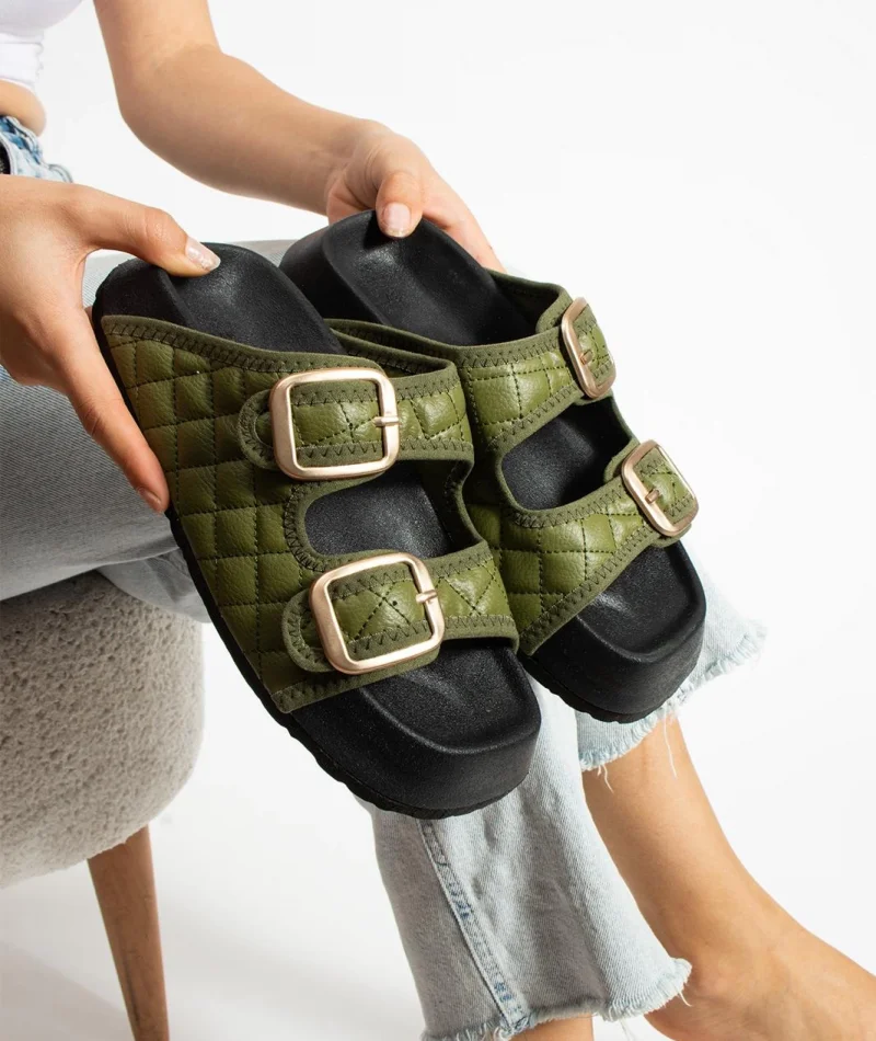 Kapitone Tokalı Ev Dış Mekan Kadın Terlik – Haki