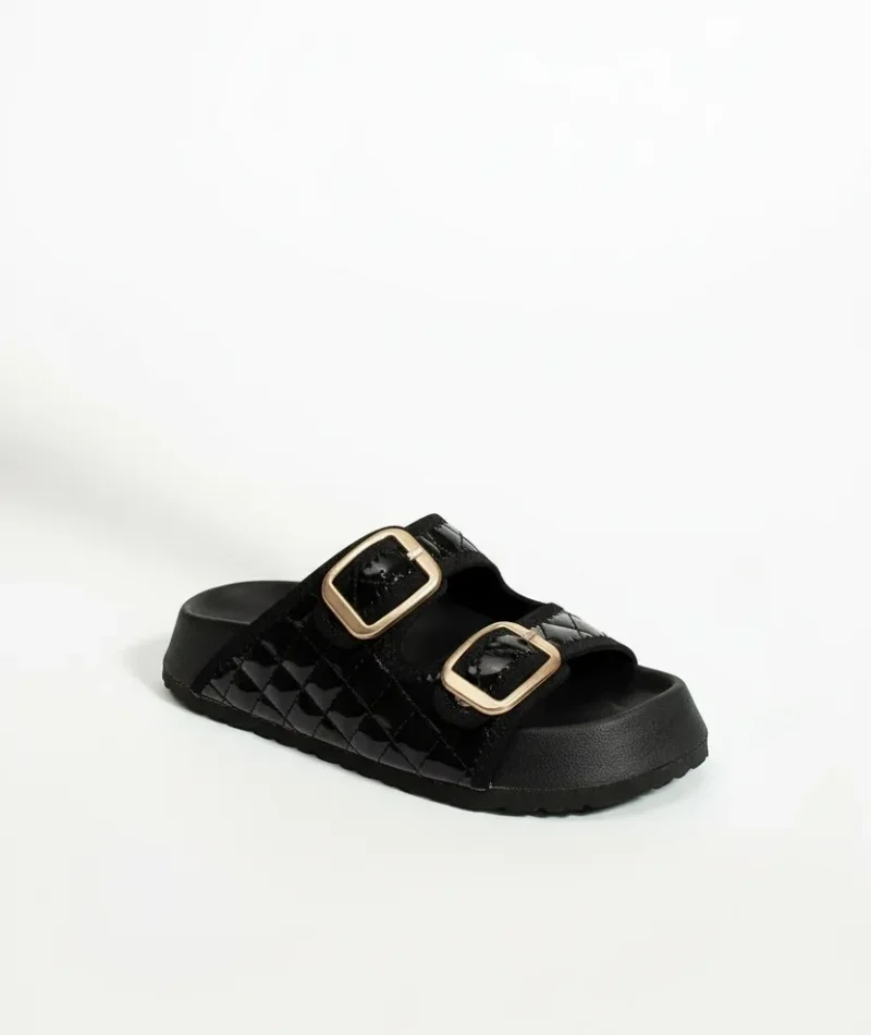 Kapitone Tokalı Kadın Ev Dış Mekan Terlik - Parlak Siyah