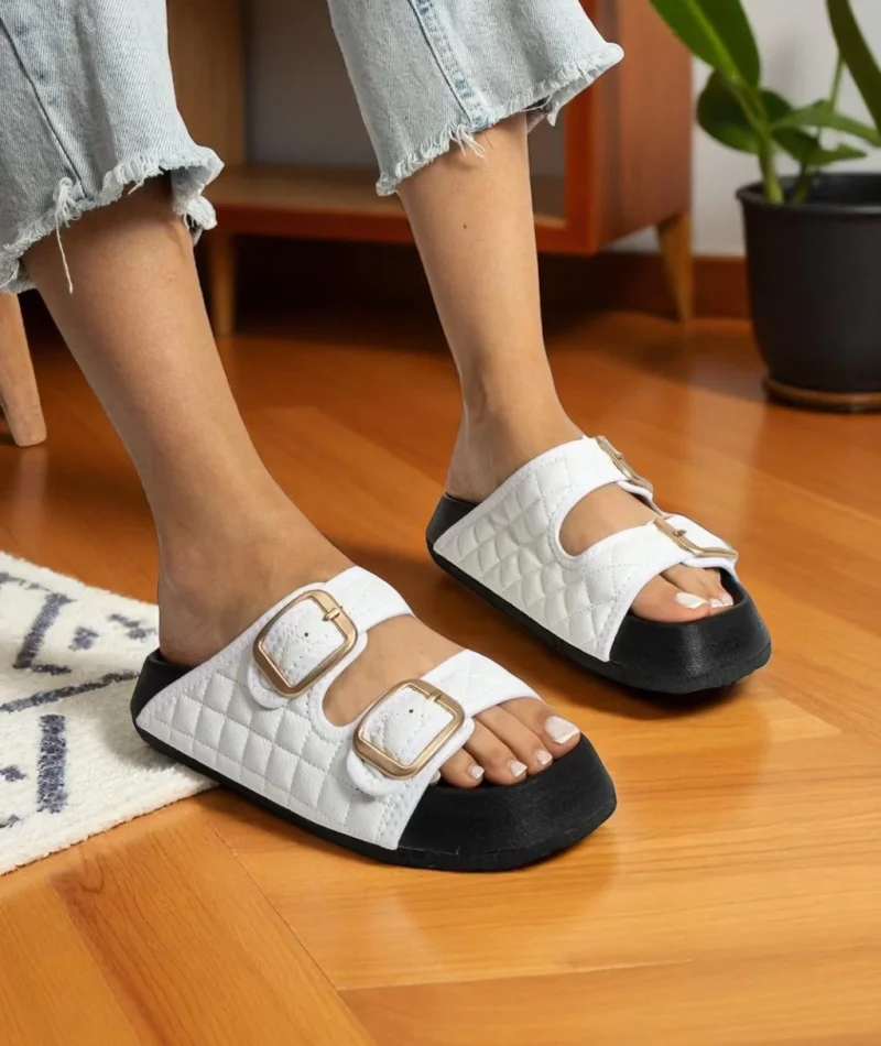 Kapitone Tokalı Ev Dış Mekan Kadın Terlik – Beyaz