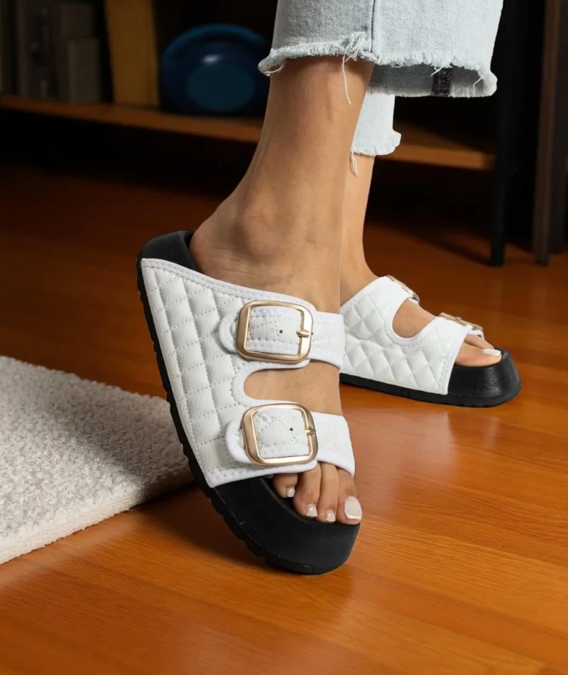 Kapitone Tokalı Ev Dış Mekan Kadın Terlik – Beyaz