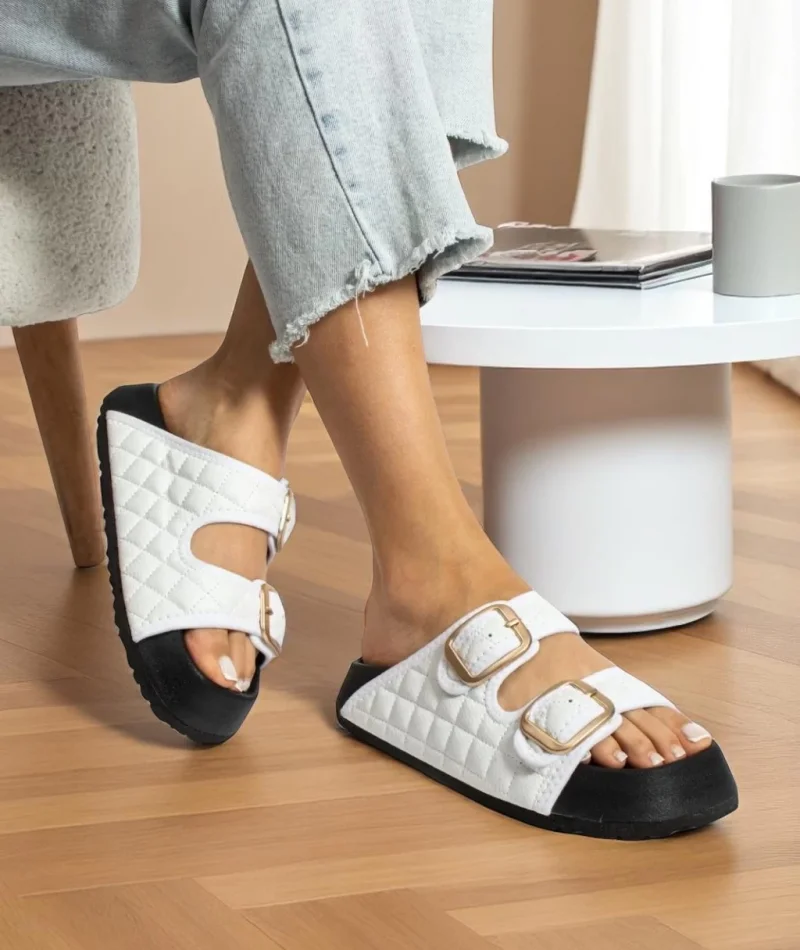 Kapitone Tokalı Ev Dış Mekan Kadın Terlik – Beyaz