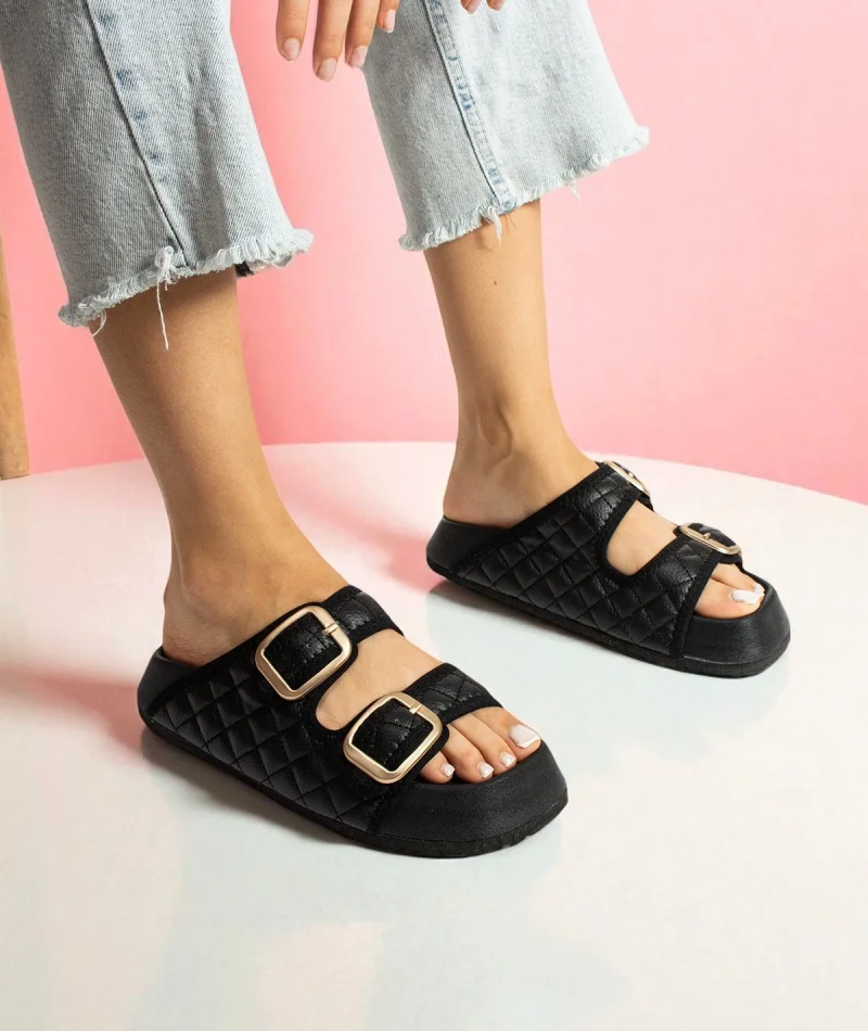 Kapitone Tokalı Kadın Ev Dış Mekan Terlik – Siyah