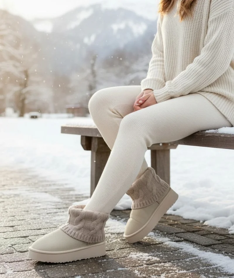 Kazaklı Süet Kalın Taban Kışlık İçi Kürklü Kadın Bot - Bej