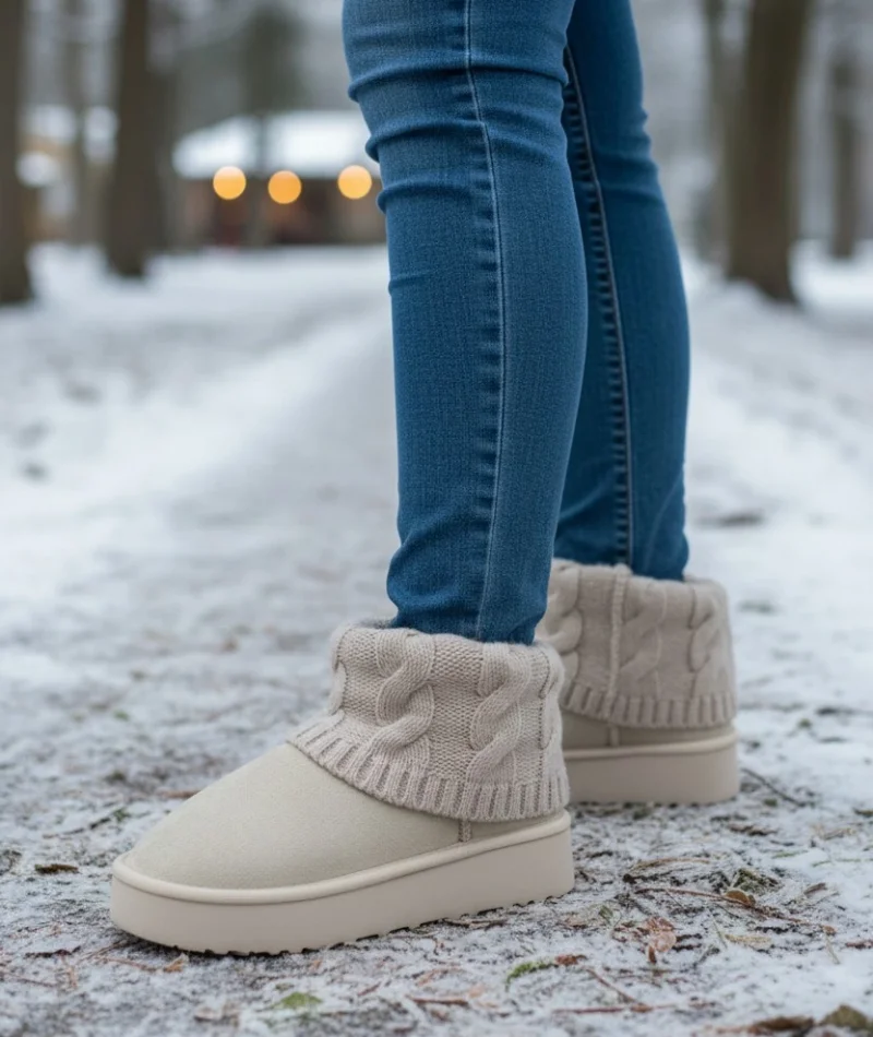 Kazaklı Süet Kalın Taban Kışlık İçi Kürklü Kadın Bot - Bej