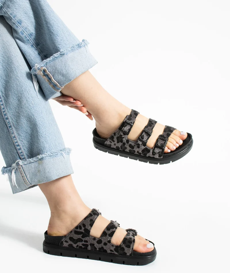 Vento Kadın 3 Tokalı Anatomik Taban Terlik - Leopar Gri