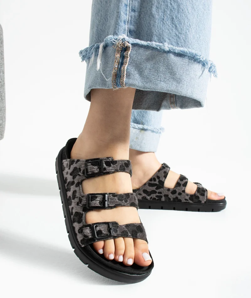 Vento Kadın 3 Tokalı Anatomik Taban Terlik - Leopar Gri