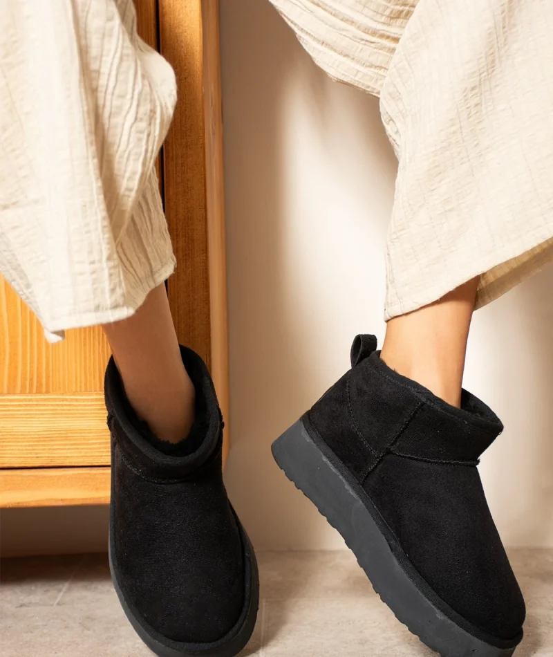 High Mini Classic Suede Fur-Lined Womens Boots - Black
