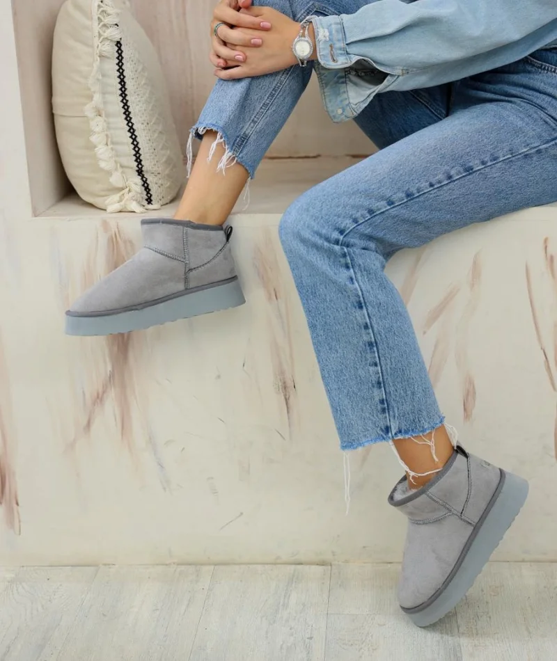 Yüksek Mini Classic Süet İçi Kürklü Kadın Bot - Gri