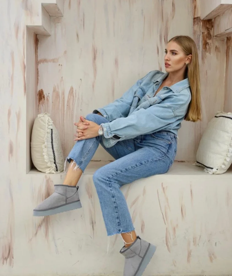 Yüksek Mini Classic Süet İçi Kürklü Kadın Bot - Gri