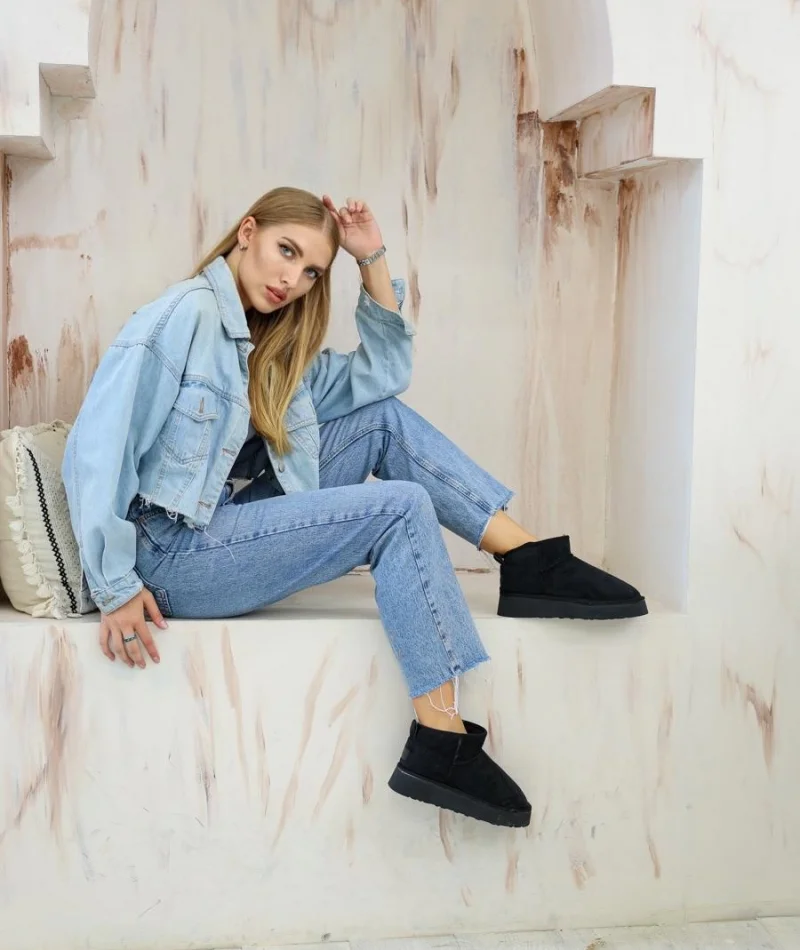 High Mini Classic Suede Fur-Lined Womens Boots - Black