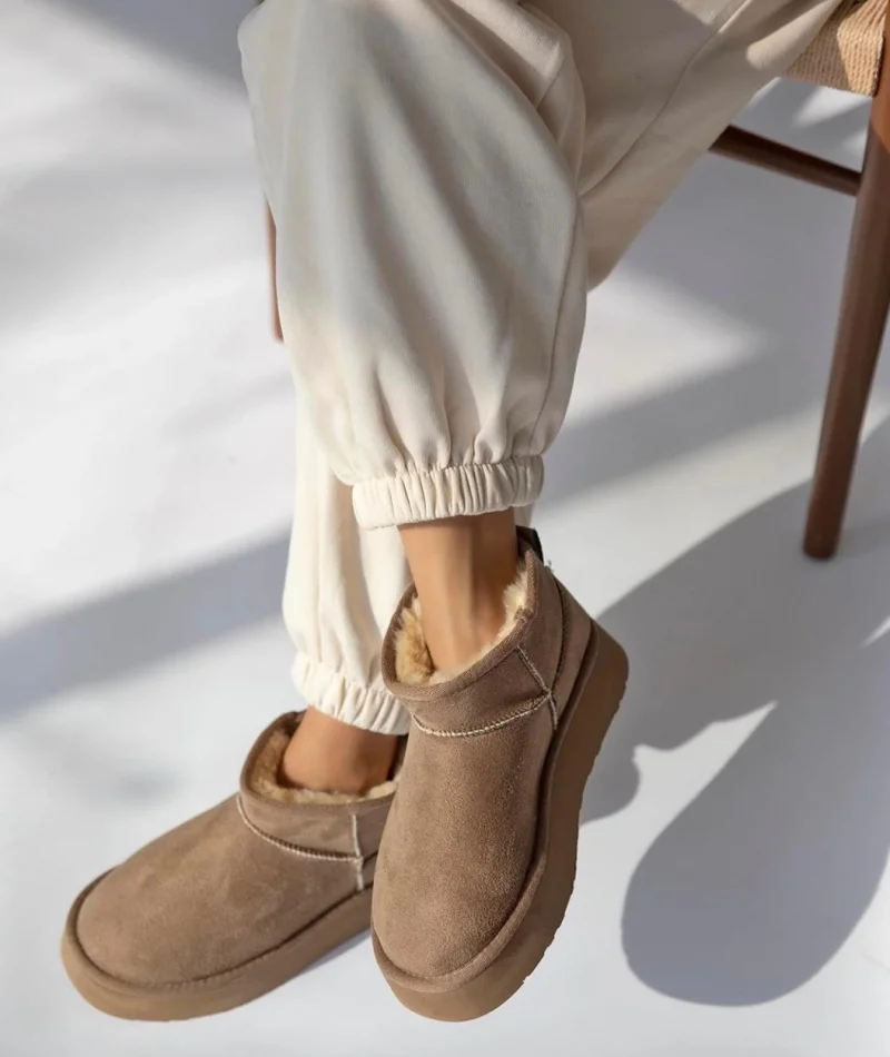 High Mini Classic Suede Womens Boots with Fur Lining - Fawn