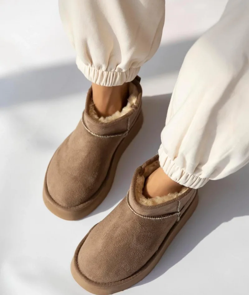 High Mini Classic Suede Womens Boots with Fur Lining - Fawn