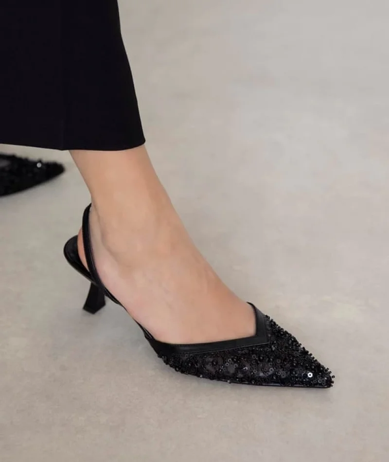 Mony Kadın Pul Detay Topuklu Ayakkabı Siyah Şık Abiye Stiletto