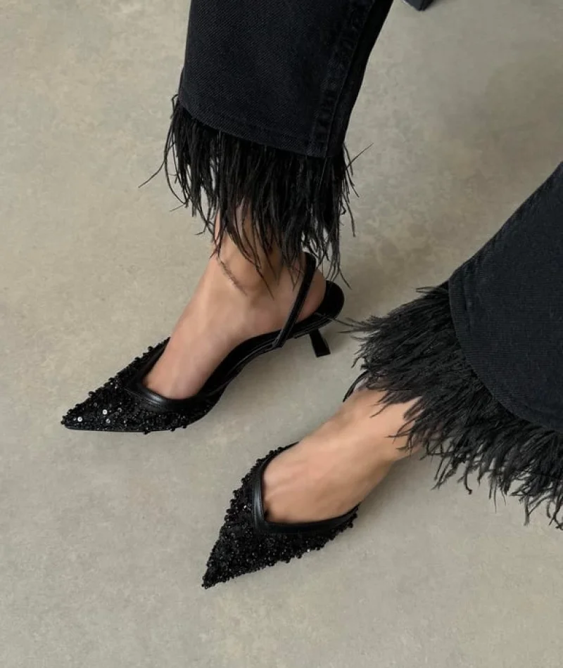 Mony Kadın Pul Detay Topuklu Ayakkabı Siyah Şık Abiye Stiletto