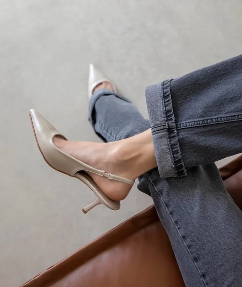 Reya Kadın Kırışık Deri Topuklu Ayakkabı Bej