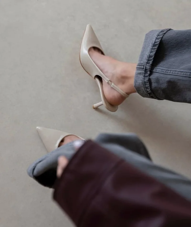 Reya Kadın Kırışık Deri Topuklu Ayakkabı Bej