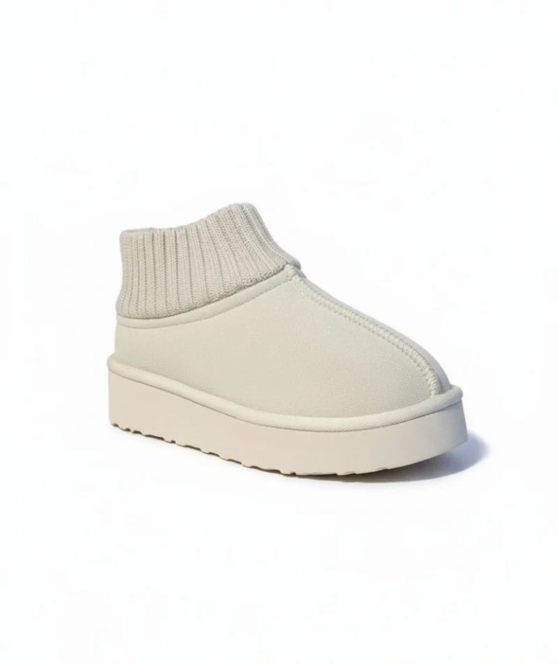 Triko Boğazlı Kalın Taban Kışlık İçi Kürklü Kadın Bot - Bej