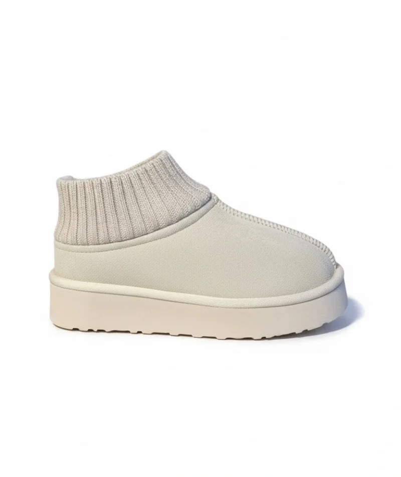 Triko Boğazlı Kalın Taban Kışlık İçi Kürklü Kadın Bot - Bej