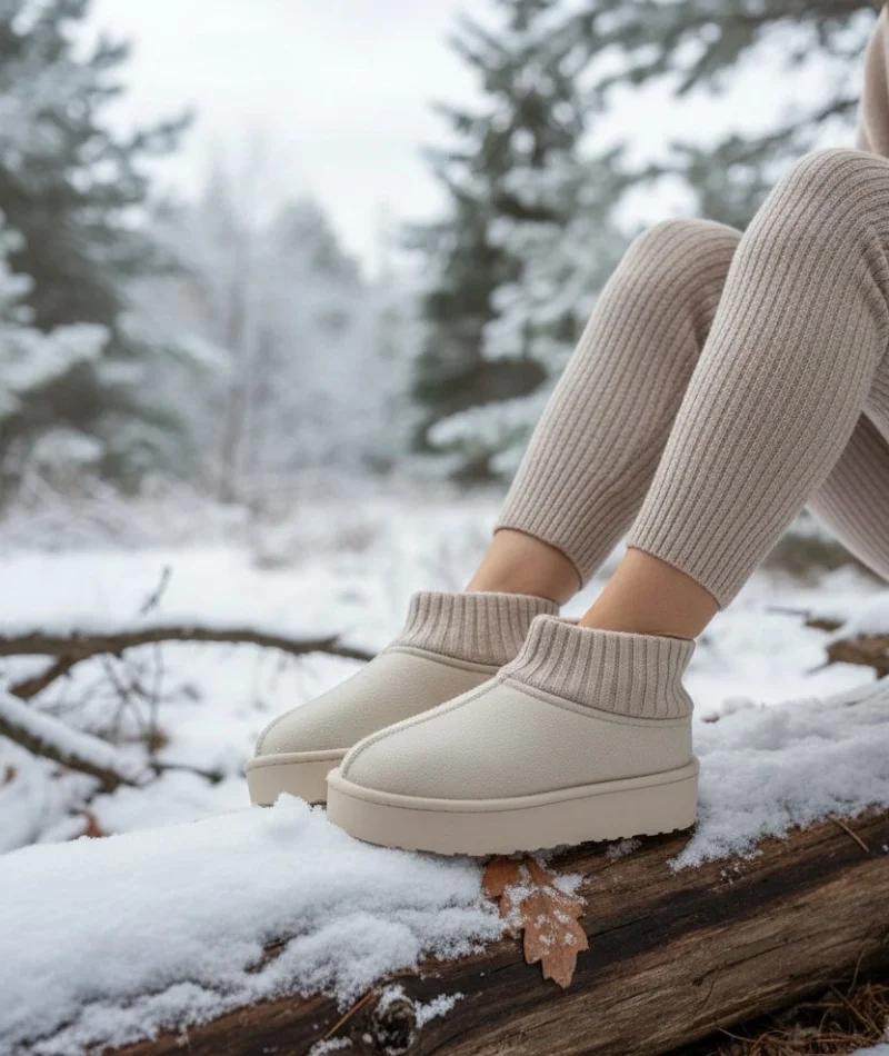 Triko Boğazlı Kalın Taban Kışlık İçi Kürklü Kadın Bot - Bej