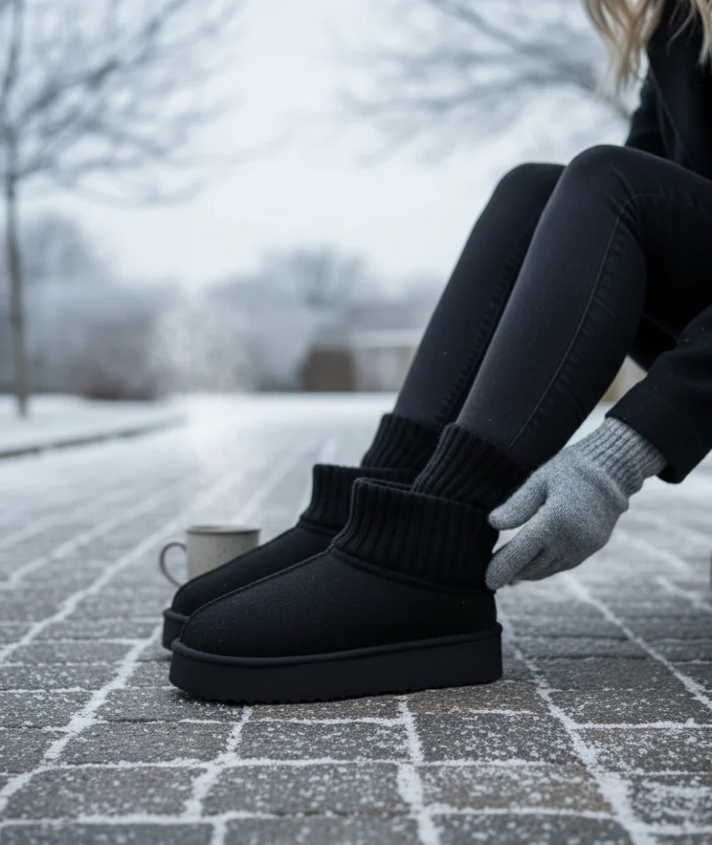 Triko Boğazlı Kalın Taban Kışlık İçi Kürklü Kadın Bot - Siyah