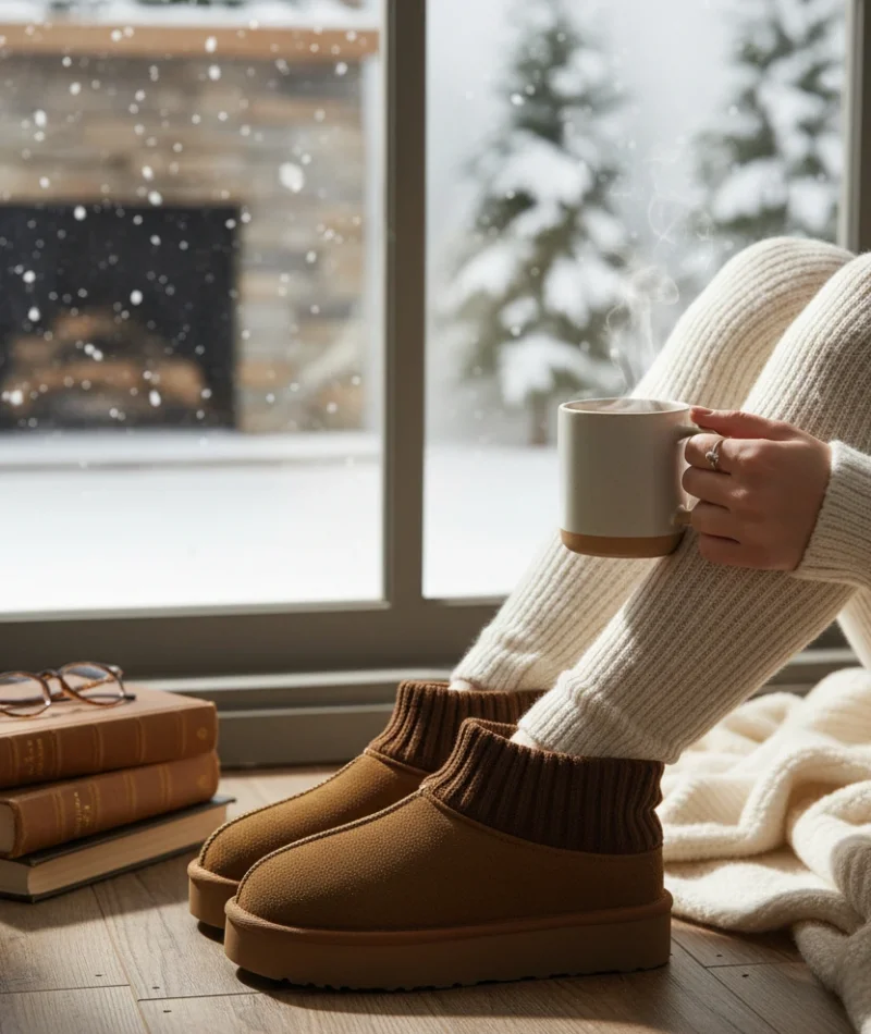 Triko Boğazlı Kalın Taban Kışlık İçi Kürklü Kadın Bot - Taba