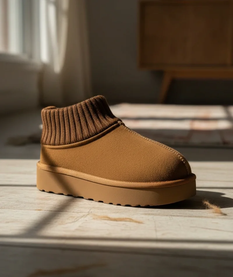 Triko Boğazlı Kalın Taban Kışlık İçi Kürklü Kadın Bot - Taba