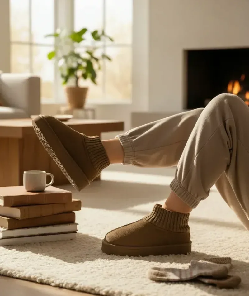 Triko Boğazlı Kalın Taban Kışlık İçi Kürklü Kadın Bot - Vizon