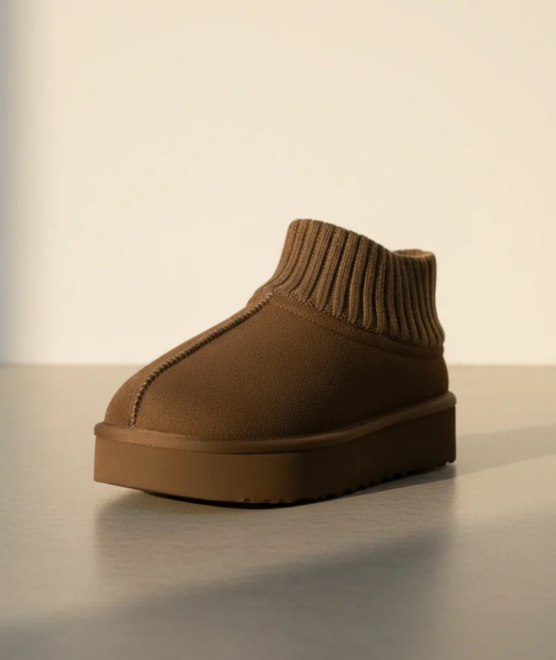 Triko Boğazlı Kalın Taban Kışlık İçi Kürklü Kadın Bot - Vizon