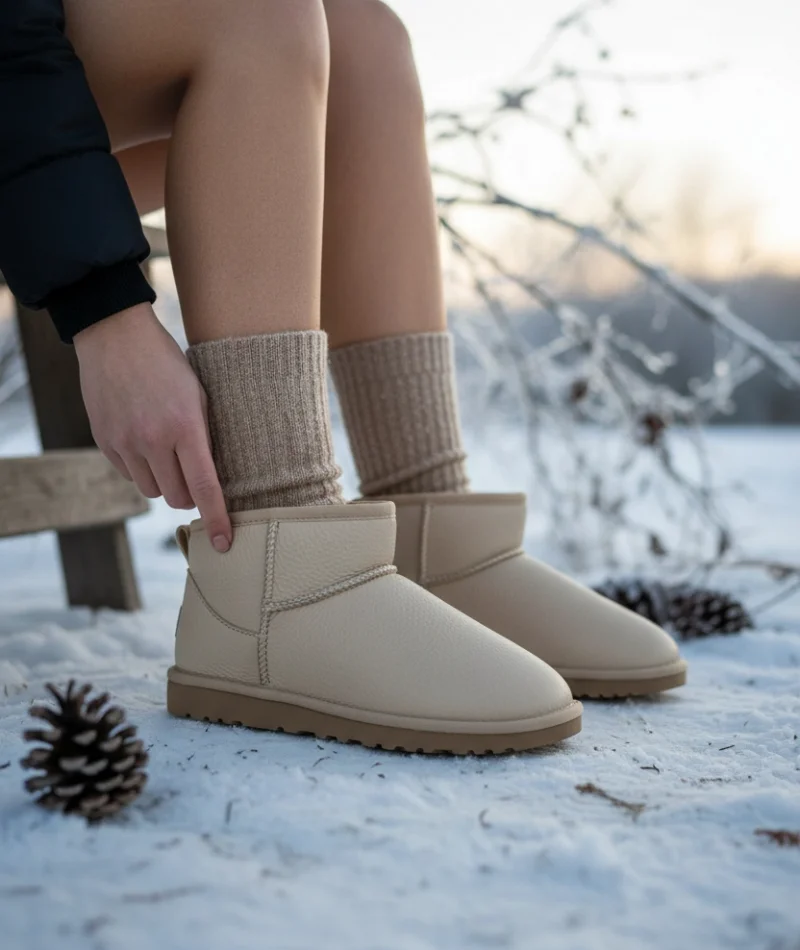 Ultra Mini Classic Süet İçi Kürklü Kadın Bot - Deri Bej