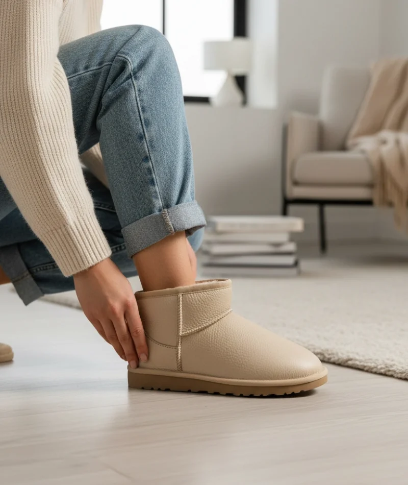 Ultra Mini Classic Süet İçi Kürklü Kadın Bot - Deri Bej