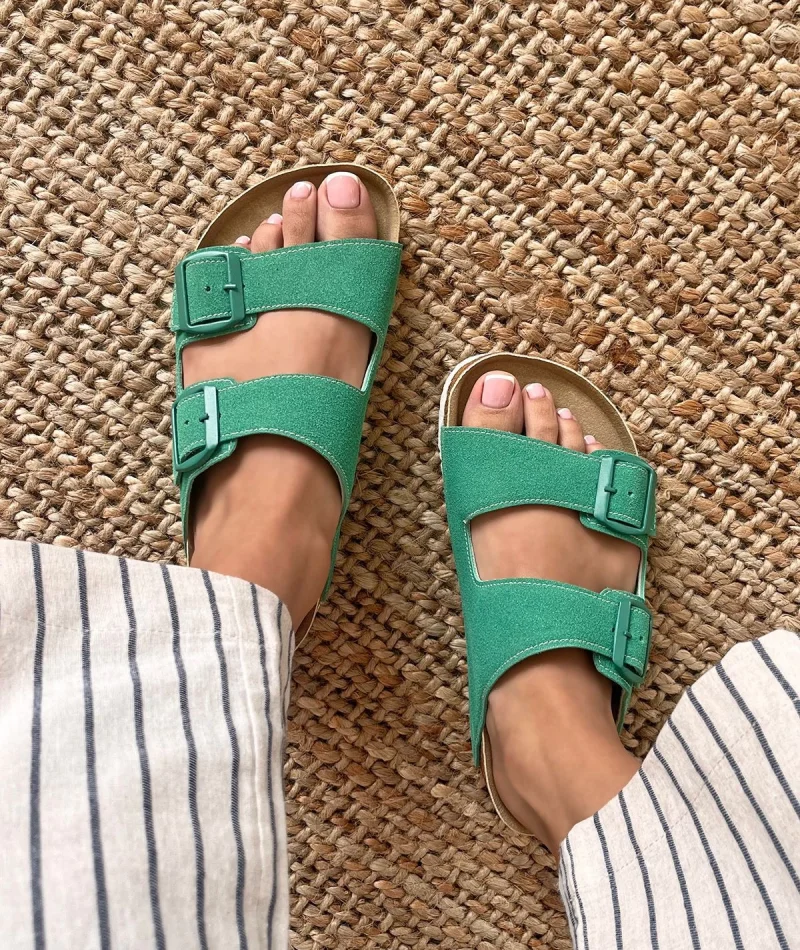 Terra Yeşil Deri Tozu Günlük Terlik - Dikişli, Ortopedik, Konforlu