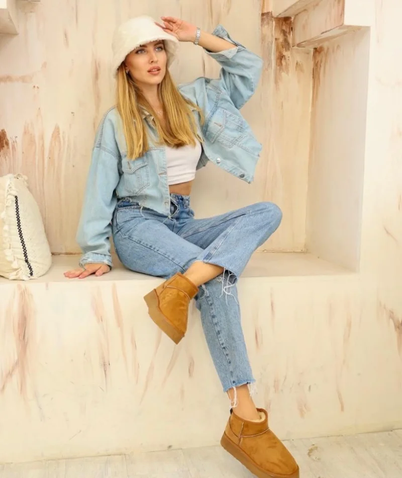 Yüksek Mini Classic Süet İçi Kürklü Kadın Bot - Taba