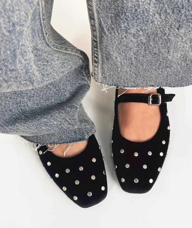 Zımp Kadın Drop Detay Kadife Babet Siyah