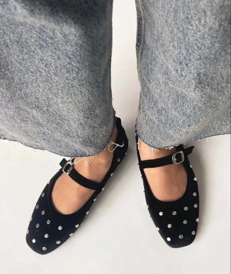 Zımp Kadın Drop Detay Kadife Babet Siyah